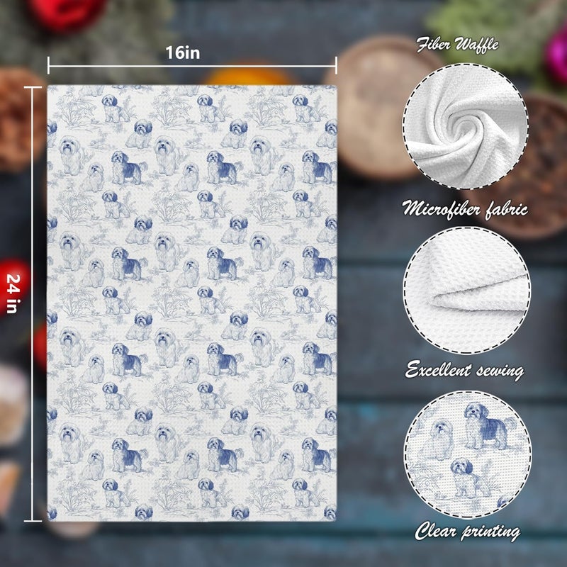Nipil Chinoiserie Shih Tzu Decor Kitchen Towels, Blue and White Botanical Grandmillennial Dog Decorative Dish Tea Towels,Shih Tzu Gifts for Kitchen Bathroom Decor, 16x24 Inch - Image 2